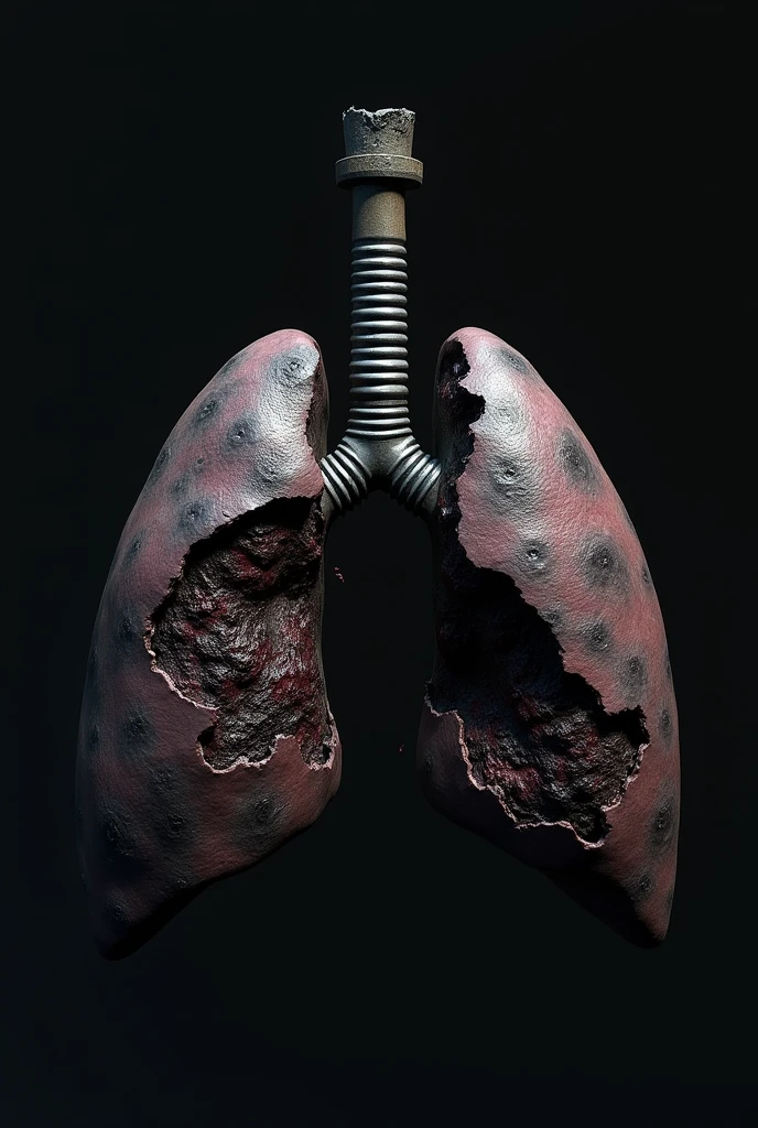 ""Create an image of a pair of blackened, damaged lungs. The lungs should appear heavily scarred and deteriorated, with dark black areas highlighting the effects of smoking or severe pollution. No anthropomorphic features; just the lungs themselves, with a realistic and dramatic representation. The background should be plain and dark, emphasizing the stark contrast with the lungs and the severity of their condition."