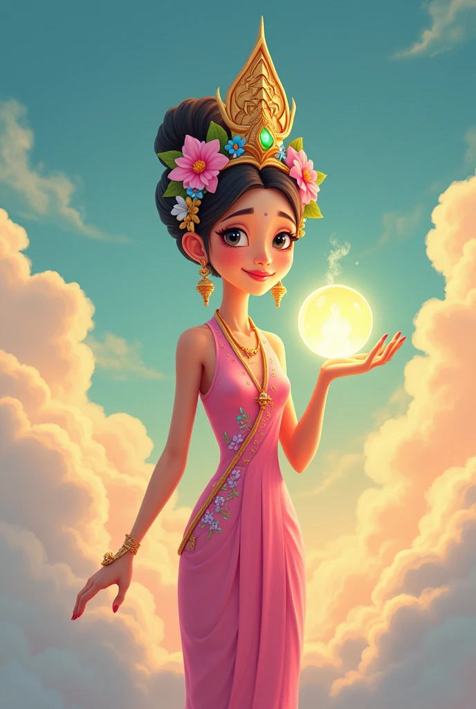 A woman in a pink Thai dress with a headdress holds a glowing crystal ball floating in the sky. Cartoon