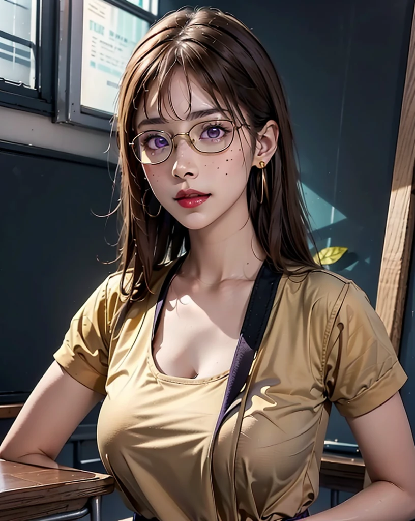 1 girl, 24 years old, japanese, 4K, masterpiece, realistic, shiny skin, texturized skin, long whavy brown hair with bangs, purple eyes, purple eyeliners, shining red lips, freckles, very large breasts, golden necklase, golden earings, big round glasses, unbottoned white school uniform, boob tent, smile, closed mouth, on a desk, bright colors, in a classroom, close up, face focus.