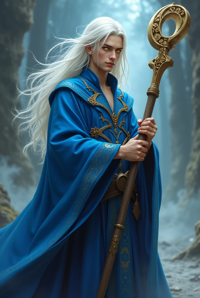 Male wizard in blue robe holding staff, LONG white hair, yellow eyes, age 20 years