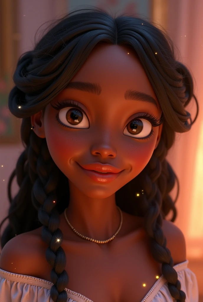 Disney Pixar style portrait, Dark-skinned woman with African braided hair and brown eyes