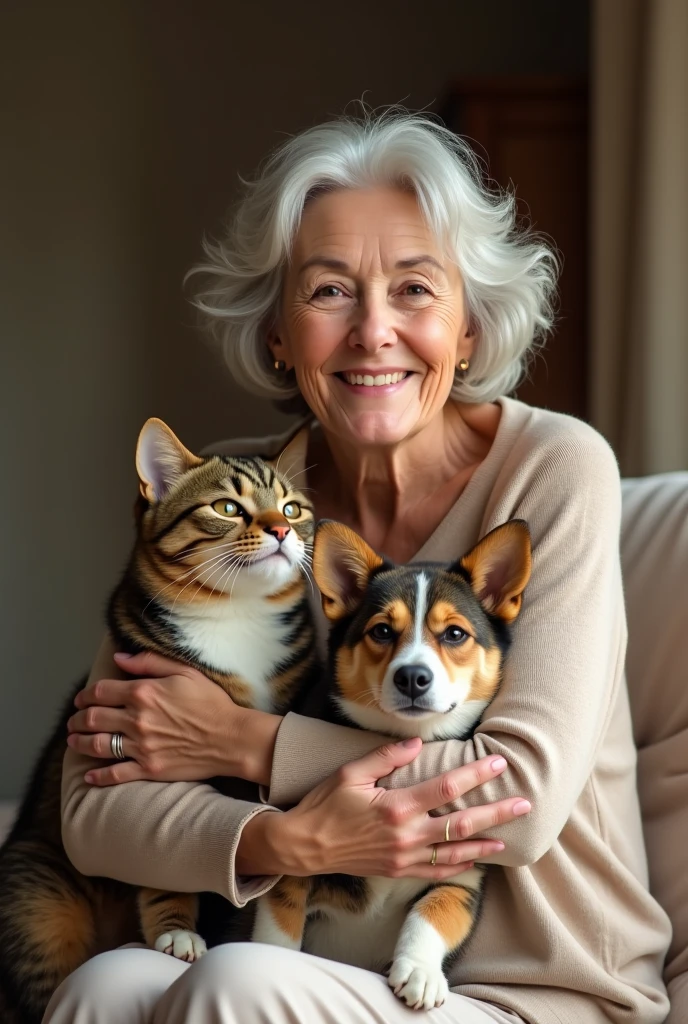 Mature woman hugging cat and dog