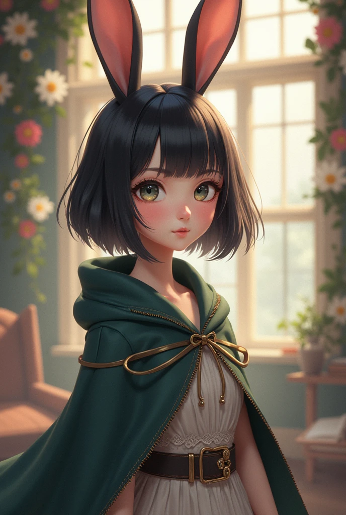 furry,anime girl, coelha, cute girl, human girl, rabbit ears, little red hiding hood, woman ,big boobs, black hair, tall , short hair , arms, antique clothes, short hair Short hair, short hair, little hair