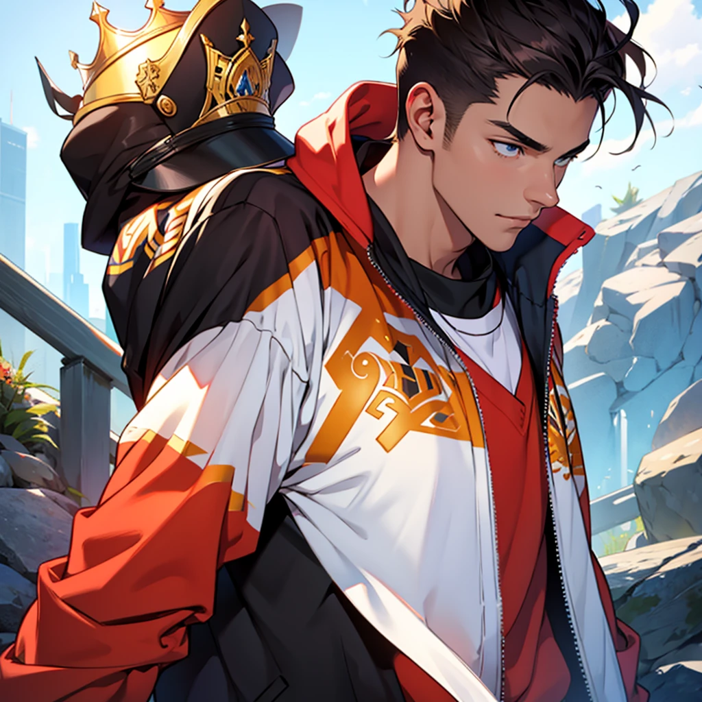 Young-faced man, adult, athletic body, He wears a king&#39;s suit, blonde hair, short, seeds, short en los laterales de la cabeza, slanted red eyes, tez morena, villain look