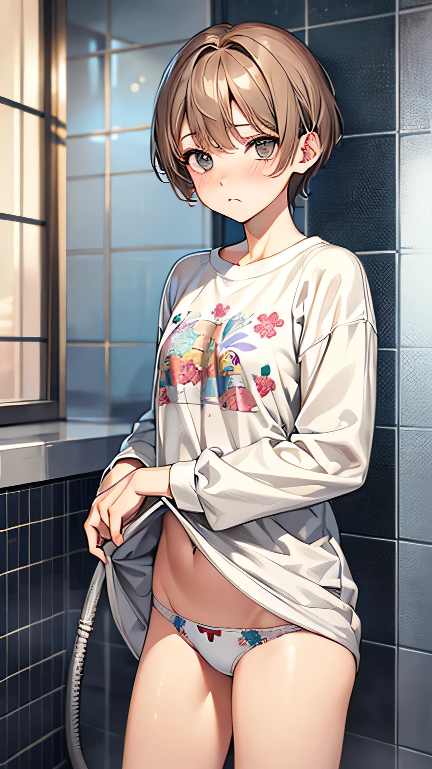 Highest quality、Realistic、zoom、man、cute、Grey Eyes、Light brown hair、short hair、White character print panties、thin、Pouting、、shower room、Cowboy Shot