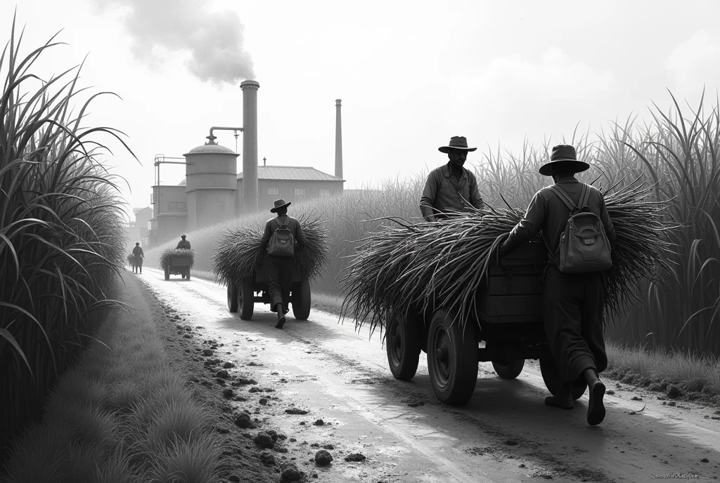 Crie um quadro pintado em preto e branco com a cena de uma fazenda de Sugar cane com trabalhadores levando a cana cortada para um alambique, cachaça factory, distillery, Sugar cane, black and white artistic image. 