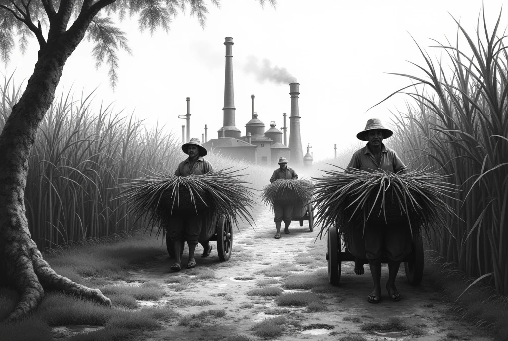 Crie um quadro pintado em preto e branco com a cena de uma fazenda de Sugar cane com trabalhadores levando a cana cortada para um alambique, cachaça factory, distillery, Sugar cane, black and white artistic image.
