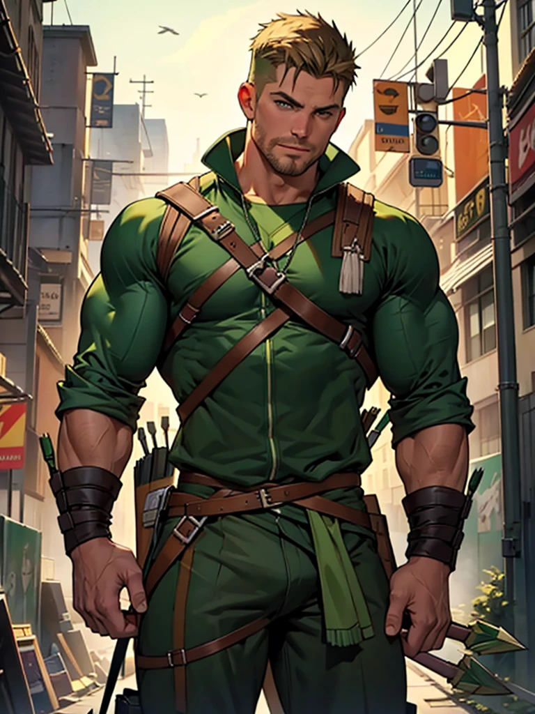 NSFW, 32k, high quality , detailed face , detailed fingers ,detailed muscles  stephen amell as green arrow , wearing blackish green outfit   , showing a dark blond short hair , a thick facial hair like daddies, a bulge ,hunk and handsome, shooting  his  arrows with a bow toward the ennemies , in action , with the quiver on his back full of arrows background sky and city at night 