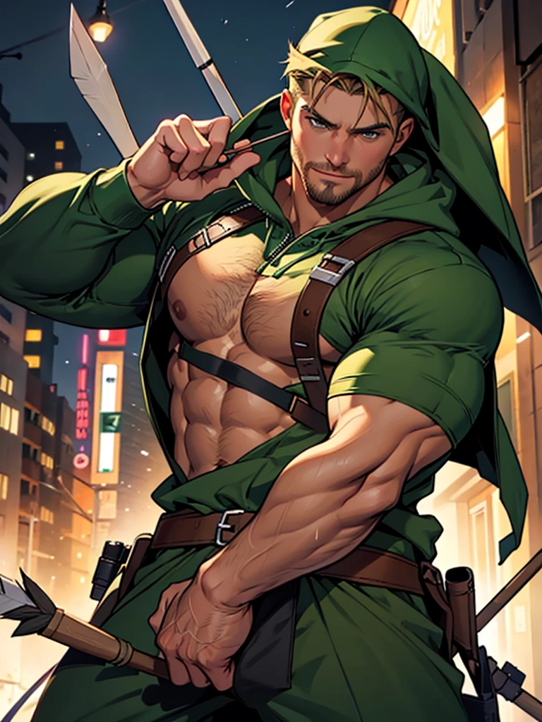 NSFW, 32k, high quality , detailed face , detailed fingers ,detailed muscles stephen amell as green arrow , wearing blackish green outfit , showing a dark blond short hair , a thick facial hair like daddies, a bulge ,hunk and handsome, shooting his arrows with a bow toward the ennemies , in action , with the quiver on his back full of arrows background sky and city at night