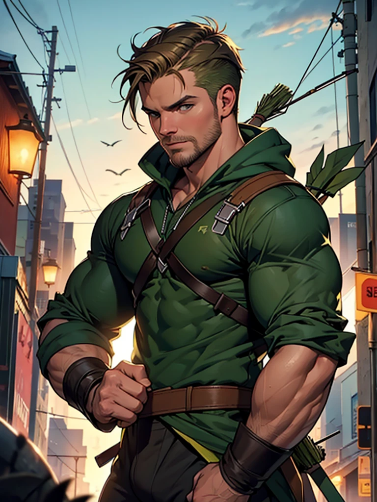 NSFW, 32k, high quality , detailed face , detailed fingers ,detailed muscles stephen amell as green arrow , wearing blackish green outfit , showing a dark blond short hair , a thick facial hair like daddies, a bulge ,hunk and handsome, shooting his arrows with a bow toward the ennemies , in action , with the quiver on his back full of arrows background sky and city at night