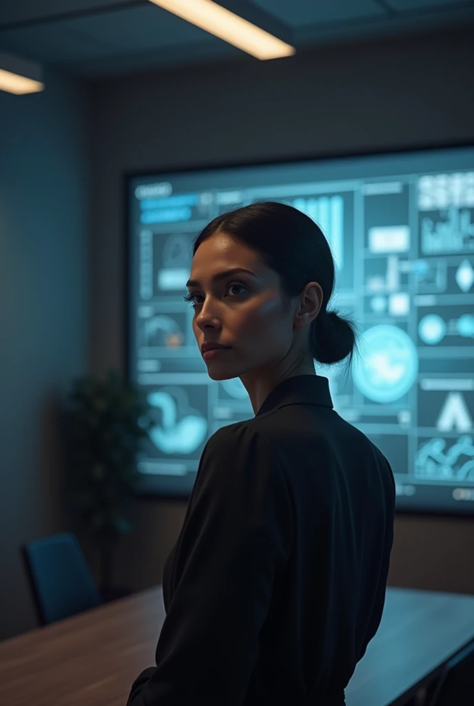 Aaravi presenting her vision for a tech startup in a meeting room, with a presentation board or digital screen showing innovative tech ideas and concepts. detailed face and eyes, high quality, 8k, photorealistic, dramatic lighting, cinematic composition, muted color palette