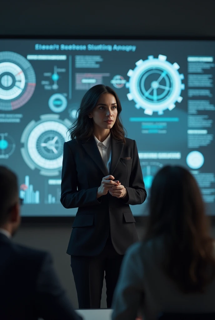 Aaravi presenting her vision for a tech startup in a meeting room, with a presentation board or digital screen showing innovative tech ideas and concepts. detailed face and eyes, high quality, 8k, photorealistic, dramatic lighting, cinematic composition, muted color palette