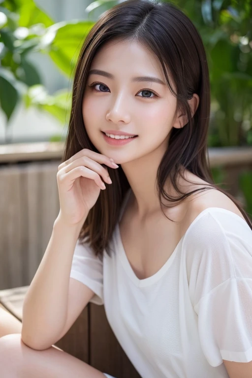 dress、(Photorealistic:1.4)、(hyper Realistic:1.4)、(Realistic:1.3)、(Smooth lighting:1.05)、(映画の照明Improvement of quality:0.9)、32K、One Girl、20-year-old girl、Realistic lighting、Backlight、Facial Light、Ray-tracing、(Bright light:1.2)、(Improvement of quality:1.4)、(Highest Quality Real Texture Skins:1.4)、Finely grained、Detailed painted face、Quality Eyes、(tired, Sleepy and satisfied:0.0)、 White T-shirt、(Enhance the mood of your body line:1.1)、(Enhances the beauty of skin texture:1.1)、((My Imada))、Specific Background、Medium length hair with even shape on both sides、smile、eating、sit down、lunch、whole body