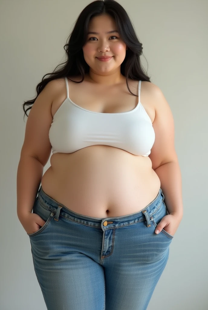 Beautiful Asian woman gains 80 kg, His pants don't fit and rolls come out