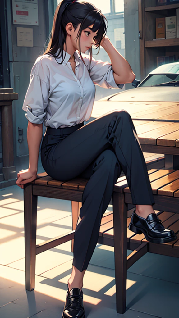 full body of girl in trousers sitting, perfect body