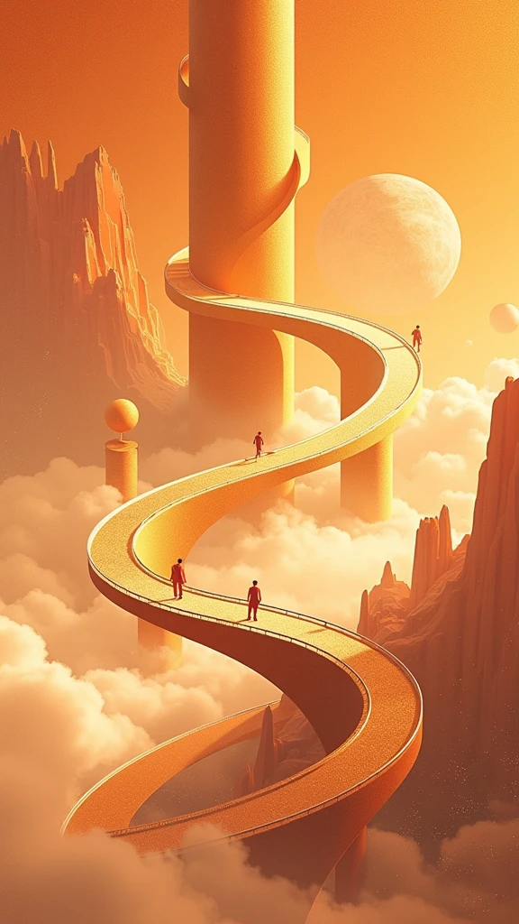 poster design,The road winds through the huge balance,Exaggerated composition,Virtual Reality,Wealth Elements,Gold Tone,Illustration Design,Fractal Art,masterpiece,Clean picture