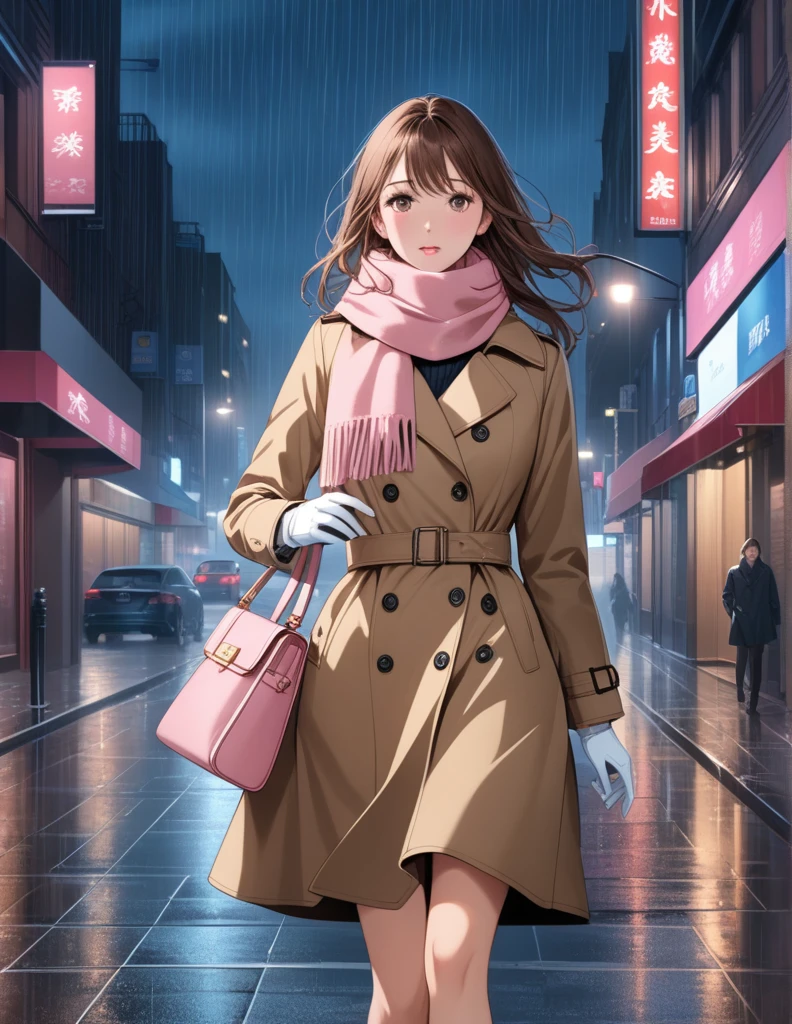 Masterpiece, hd, 1girl with long brown hair wearing a fully buttoned up closed and beige belted buckle knee-length trench coat with a tucked up large pink winter wool scarf and white gloves carrying her large pink purse blown by the hard wind at the hard rainy night city street full body 8k)