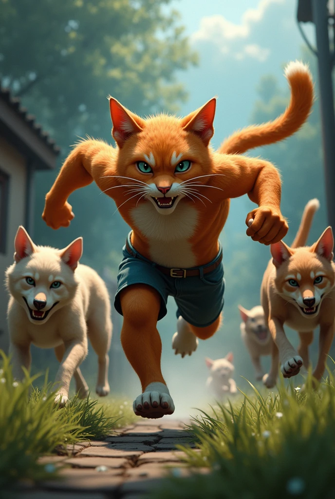 **Whiskers Charging to the Rescue:**
- **Prompt:** "An action-packed scene of a cat-human hybrid named Whiskers sprinting towards a group of aggressive stray dogs in a garden. Whiskers has the head and tail of a cat but a muscular human body, with fierce, determined eyes. His clawed hands are ready for action as he charges to protect his tiny kitten, Paws, from the surrounding dogs. The garden is partially shadowed by dark clouds, with the tension palpable in the air."