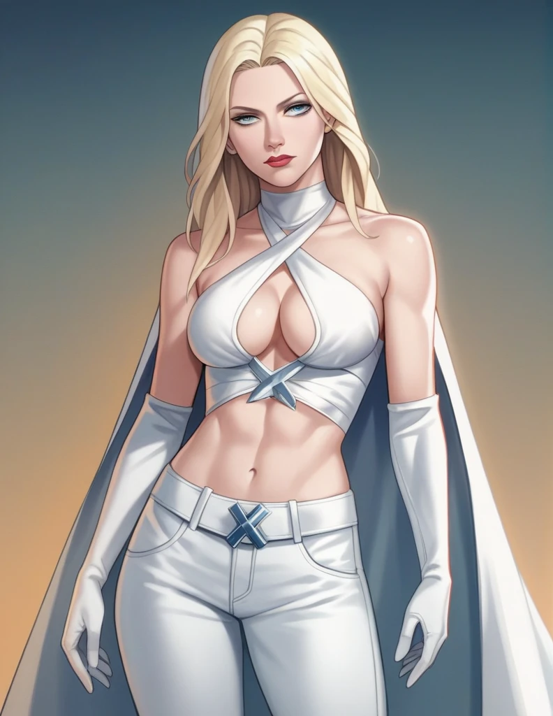 score_9, score_8_up, score_7_up, score_6_up, score_5_up, score_4_up, source_anime,((EF_WntXM_SDXL)), gorgeous emma frost female, beautiful eyes, seductive ,intense gaze,seductive expression,soft lighting,hentai, safe,medium breasts, Emma Frost, bare shoulders, cleavage,(halterneck bikini top, criss-cross halter,criss cross from top to pants) ,short gloves,pants,all white ,(X-MAN)Anime Style, High Details, HD, High Quality,(MARVEL),