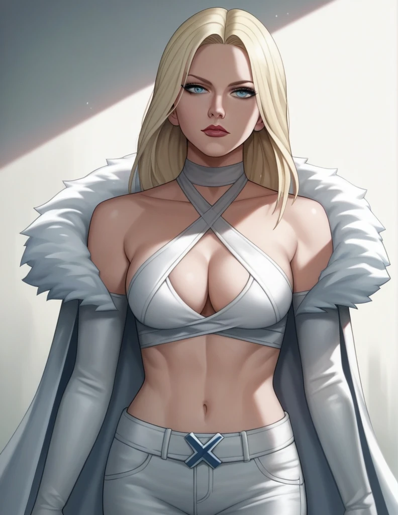 score_9, score_8_up, score_7_up, score_6_up, score_5_up, score_4_up, source_anime,((EF_WntXM_SDXL)), gorgeous emma frost female, beautiful eyes, seductive ,intense gaze,seductive expression,soft lighting,hentai, safe,medium breasts, Emma Frost, bare shoulders, cleavage,(halterneck bikini top, criss-cross halter,criss cross from top to pants) ,short gloves,pants,all white ,(X-MAN)Anime Style, High Details, HD, High Quality,(MARVEL),