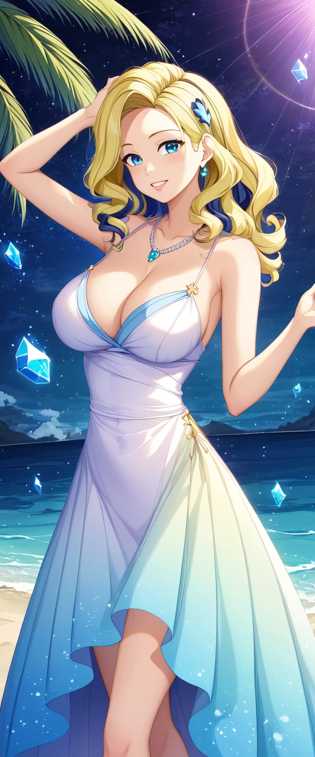 (masterpiece、Highest quality、8k、High resolution)、Best Style、(The most beautiful girl in anime)、(Clear skin、Clean blue eyes、Beautiful lips、Beautiful nose)、smile、Beautiful white upper teeth、Blonde Hair、Ample breasts、Walking on the beach、Palm tree、Beautiful starry sky、milky way、(Body、whole bodyからMystical particles of light、Mystical particles of light、Mystical particles of light、Colorful Light、Vibrant colors)、The area around the head is brightly lit with a mysterious light.、Vibrant colors、(jewelry、necklace)、dress、(whole body)、Highly detailed anime art、A complete portrayal、