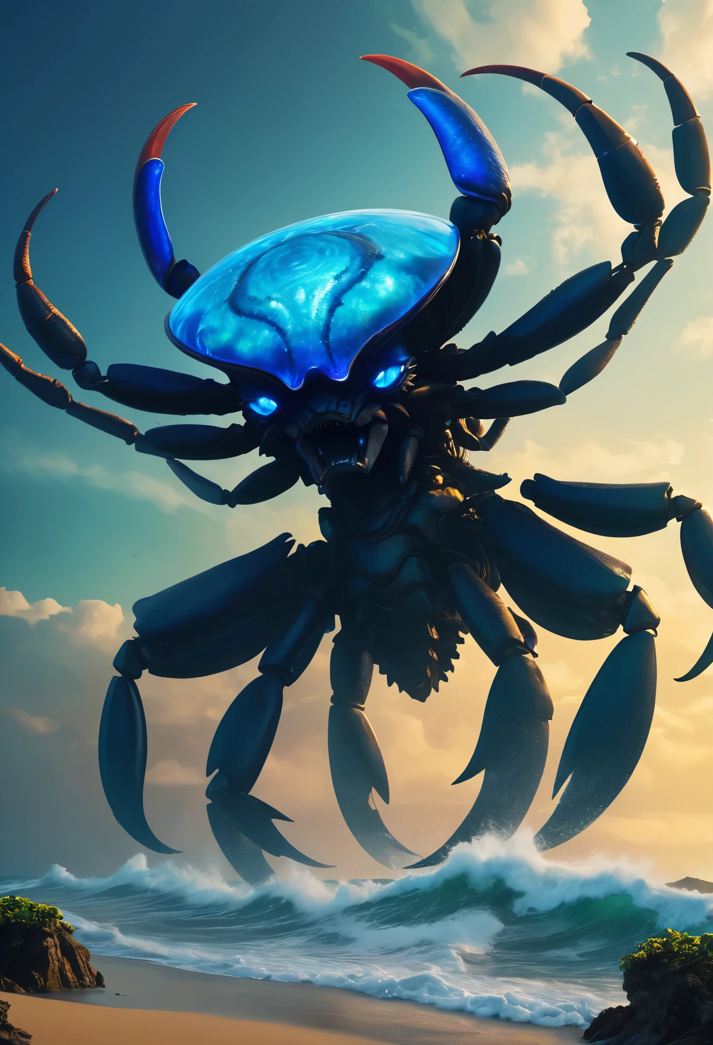 （A giant crab stares fiercely at people begging for help in the sky），（a creature 5 meters tall:1.0），（Huge white eyes are unusually bright：1.37）（The giant's thick legs stood on the reef） ，（The shell is dark green）， （Dark blue wide oval abdomen）, （Very hard and thick shell texture）， (There are a pair of large protruding compound eyes：0.8），（Unusually long and flexible antennae：1.1），（The length is about 1/3 The width of the crab's body：0.5） ，（There is a small pair of pliers on the top of the head），（Fresh fluff：0.8）， giant ethereal creature,The texture is clear， （People who ask for help：1.37），（Deep blue lightning thundering sky）， Background with：nebulous sky，（safe：1.1），（rough sea），（Greatwave），reef， Reality，Epic，ultraclear，afterimage, Dutch angle, From below, Sony FE GM, clair obscur, Blurry, hyper HD, Masterpiece, Textured skin, Super detail, High details, High quality, Award-Awarded, Best quality, A high resolution, 8k，Epic，sci-fy，Futuristic fantasy，cotw，thriller