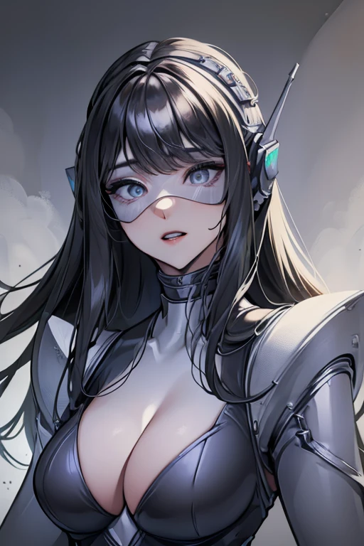 empty eyes,robotization,woman ,big bust,Robot Joint ,Metal skin,Black Suit,long hair,a black suit that covers the whole body