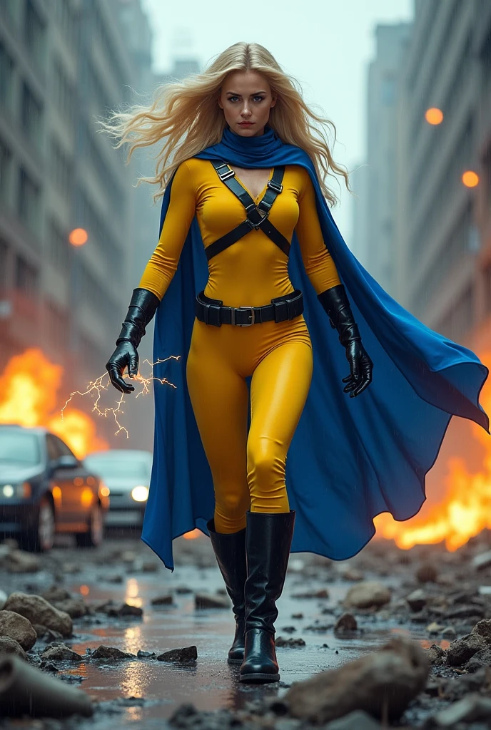 A beautiful woman with long blonde hair wearing a yellow jumpsuit, blue cape, black boots and gloves, long boots up to her knees (((black belt in gymnastics))) in an apocalyptic and rainy city cars and buildings on fire magic in her hands knees screaming exhausted after an extensive battle black harness on her chest thick straps combining her one-piece suit magic in her hands