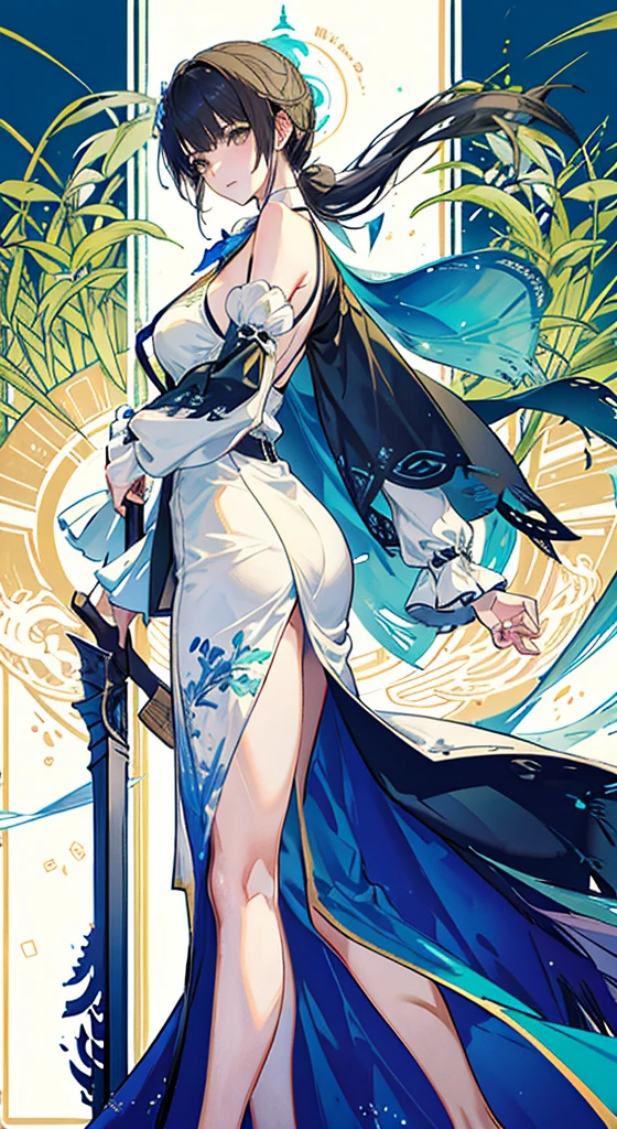 noon, In class, Two female proctors walked into the classroom, Bare shoulders,Real details, Holding a top-secret document bag, Two people wearing high-slit cheongsams、Extra large breasts,, Big Ass, Long hair, Ponytail, blond, Long-legged female invigilator, The female proctor looks at the camera, Sweating profusely, Clothes are soaked, Art Nouveau style((Xinhaicheng), CGSTATION popularity, Shinkai Makoto H 2160,Inspired by Border Guard,Shinkai Makoto,plan,Guwitz's style,High-quality images,4K,8k,solve,((Leaning against the wall,Sideways posture))