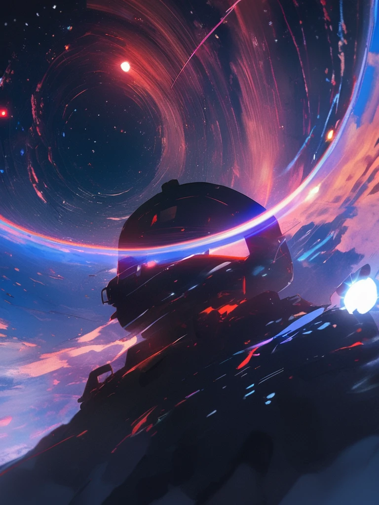 8k,非常に精細なCGユニットのwallpaper, masterpiece,High resolution,Highest quality,Highest quality real texture skin,Surreal,Increase the resolution,RAW Photos,Highest quality,Very detailed,wallpaper,Cinema Lighting,Ray-tracing,Golden Ratio, break ,Many stars shine beautifully in the winter night sky., Long exposure of the starry sky、Many circular orbits are visible in the image., I put my hands in my coat pockets and look up at the stars、Mobile suit silhouette, Photo taken from a distance, Picture below, Beautiful kaleidoscope-like multiple exposures overlapping each other、Zaku