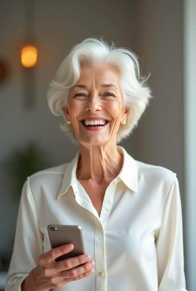 happy elderly woman facing left in white blouse with cell phone in hand