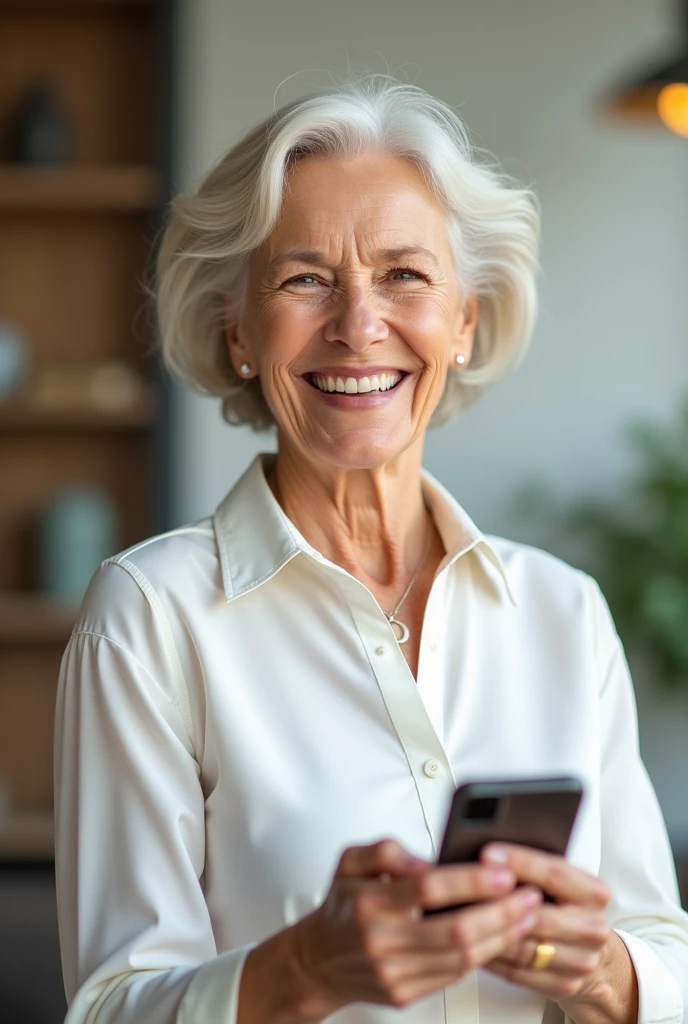 happy elderly woman facing left in white blouse with cell phone in hand