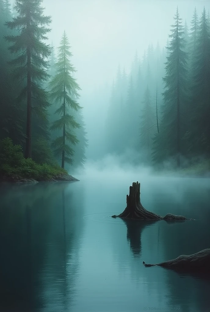 Painting of a lake surrounded by dense forest, fog, tree trunk submerged in the lake