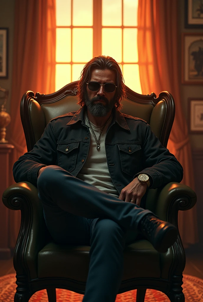 (photorealism:1.2), tough man, sitting on an antique chair, wearing a jacket and dark glasses that cover his eyes, jeans, long, combed hair, sunset lighting, goku in the background, window with sunlight, intimidating room, pose confident, realistic and intricate details, warm colors