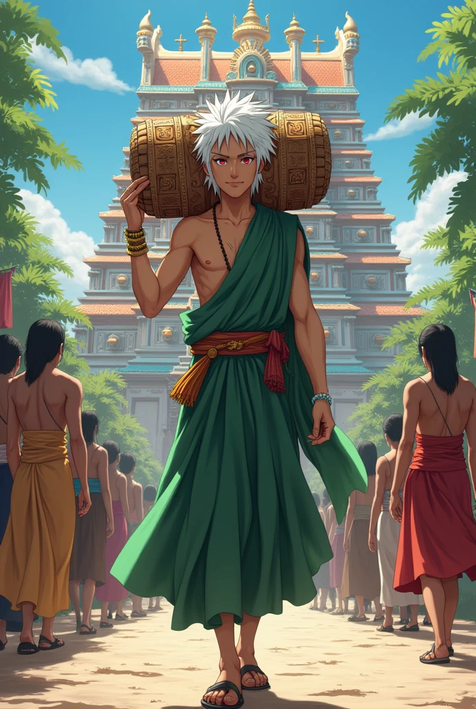 Anime character Tobirama senju as a lord Murugan devotee walking with green dhoti and kavadi on his shoulders infront of temple