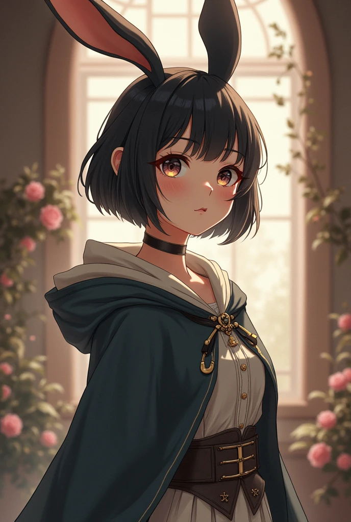 furry,anime girl, coelha, cute girl, human girl, rabbit ears, little red hiding hood, woman ,big boobs, black hair, tall , short hair , arms, antique clothes, short hair Short hair, short hair, little hair 

 