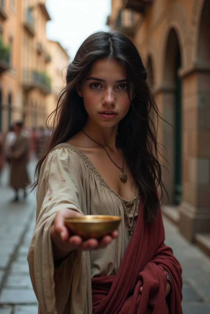 A beautiful Roman girl is begging on the street with a bowl. Hyper-realistic photography.