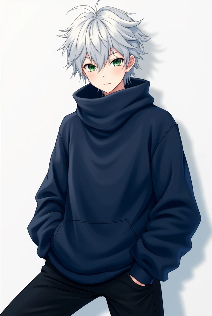 Draw an anime boy with white hair, with dark blue sweater, that covers your neck like a scarf, with black pants, and with green eyes