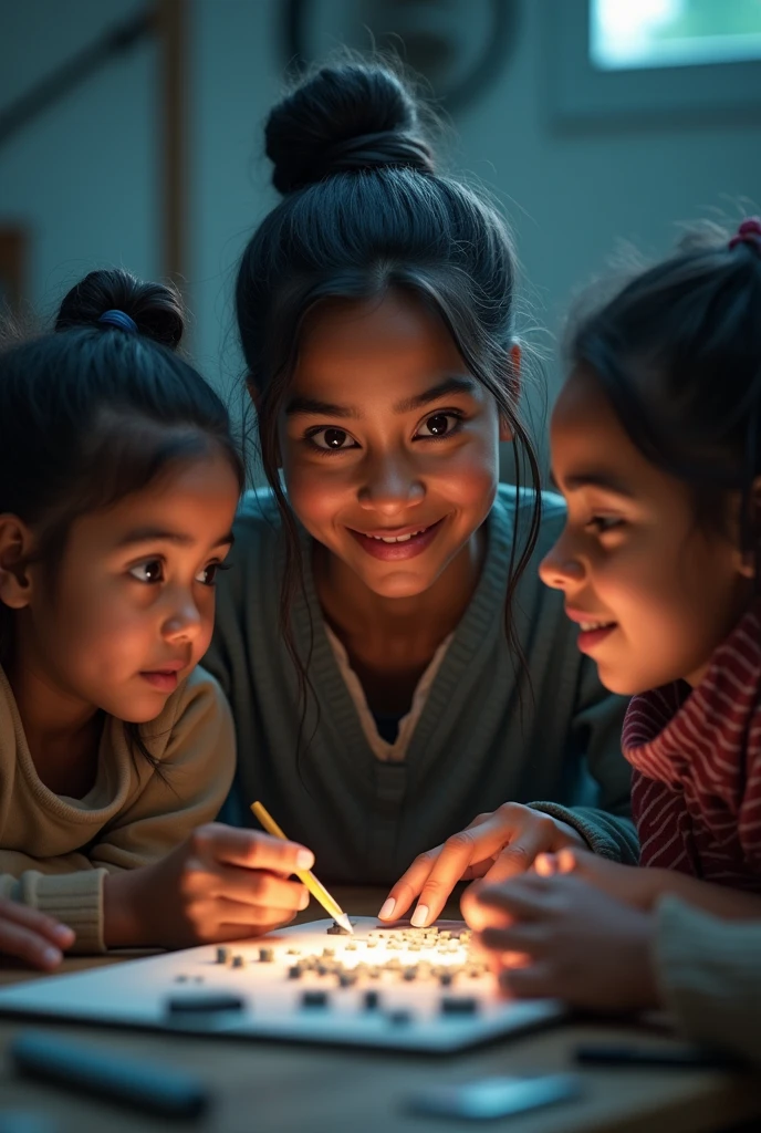 Aaravi interacting with a group of young girls in a tech workshop, providing guidance and encouragement, with a focus on inspiring them in the field of technology. detailed face and eyes, high quality, 8k, photorealistic, dramatic lighting, cinematic composition, muted color palette