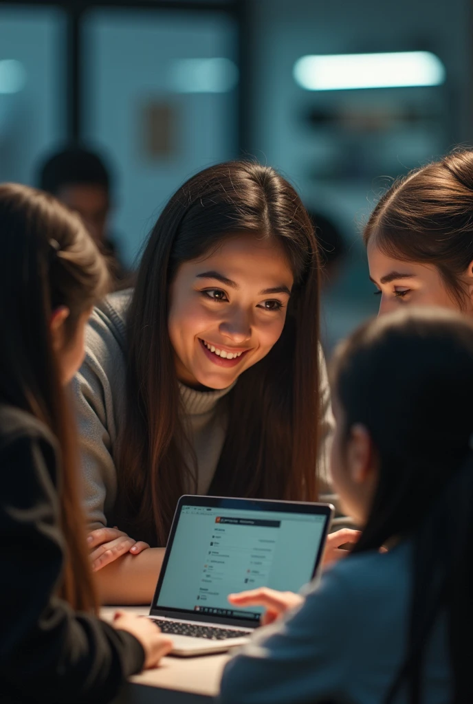 Aaravi interacting with a group of young girls in a tech workshop, providing guidance and encouragement, with a focus on inspiring them in the field of technology. detailed face and eyes, high quality, 8k, photorealistic, dramatic lighting, cinematic composition, muted color palette