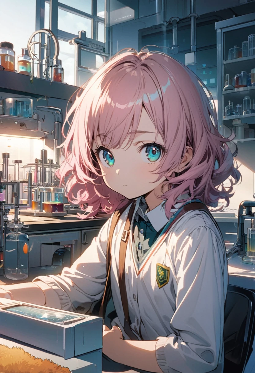 Haibara Ai \(Meitantei Conan\), (soft pink hair), (teal eyes):1.2, (7 years old), (Girl school uniform), ((expressionless)), ((ultra-detailed)), ((illustration)), ((shaggy hair)), (beautiful detailed eyes), (female), 1girl, (sitting), ((laboratory, morning)), looking at viewer