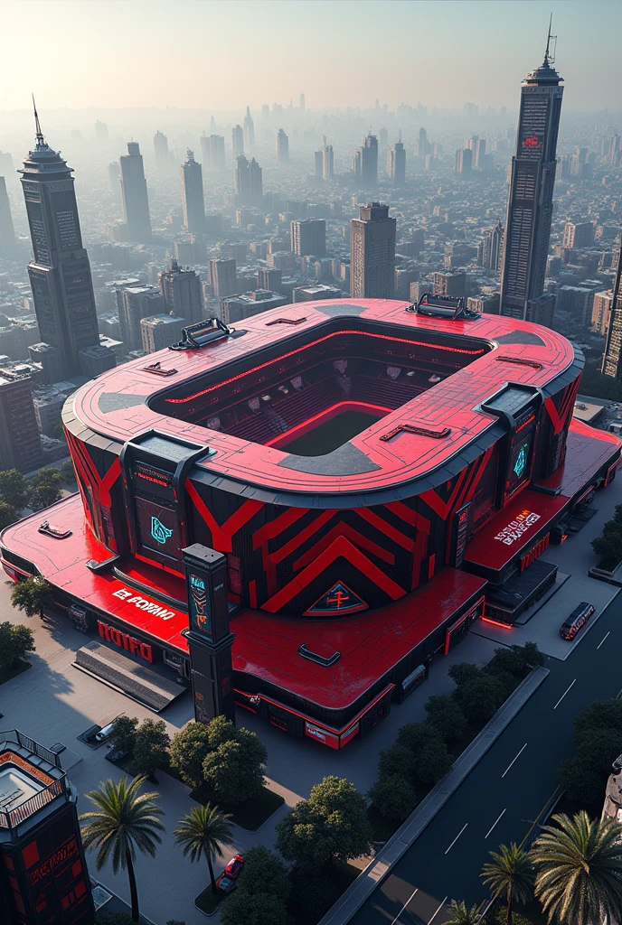 Make me a remodeled stadium from Atlas and make it futuristic with houses around it and make the stadium red and black with a fox