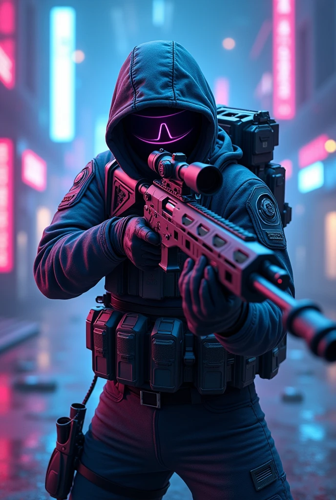 Photo for a flashy futuristic game profile with a sniper character with a sniper rifle and a very flashy logo called GW in the center of the image with blue, purple and black colors.