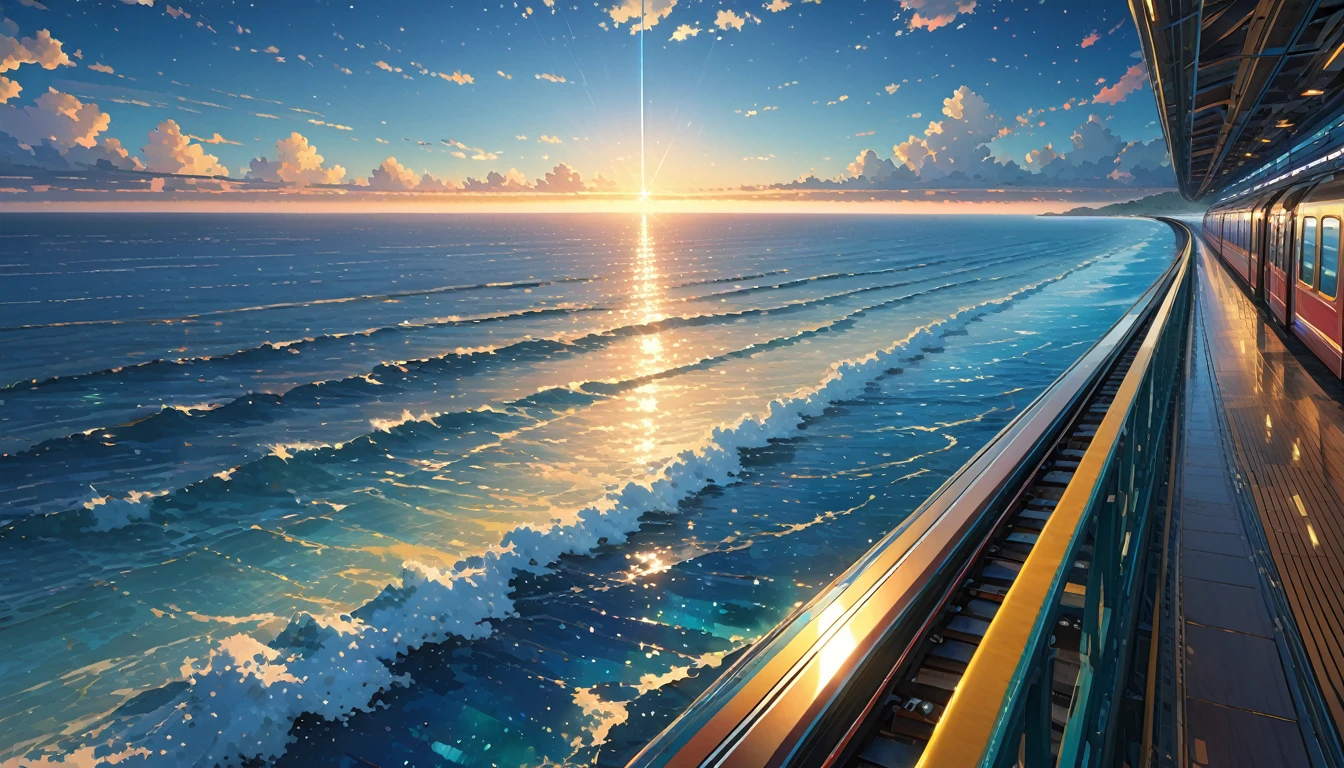 score_9, score_8_upper, score_7_upper,Train running on water,sea,ocean,(((Side Angle))),Angle from afar,Stations on the sea,Open sea,The ocean as far as the eye can see,(((blue))),summer,horizontal line,Morning Glow,Starry Sky,Streaks of Light,(masterpiece, Highest quality, Highest quality, Official Art, beautifull, beautiful:1.2,Ray Tracing),Very detailed,Blue tones,Very detailed, (Fractal Art:1.3), Most detailed, High resolution, Impressive visuals, (Dynamic Stripes, Light trail:1.2), Vibrant colors ,Detailed Images