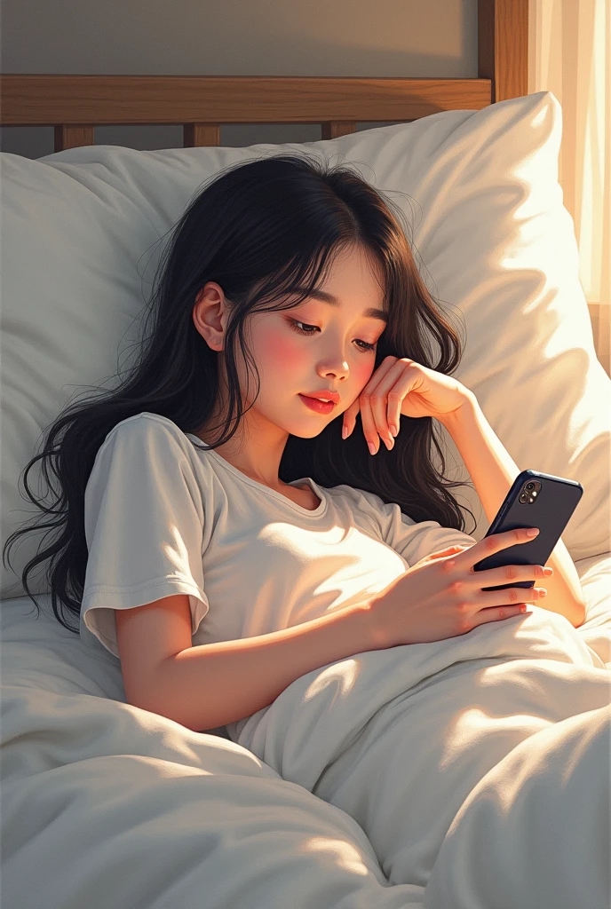 girl with her cell phone in bed horizontal drawing