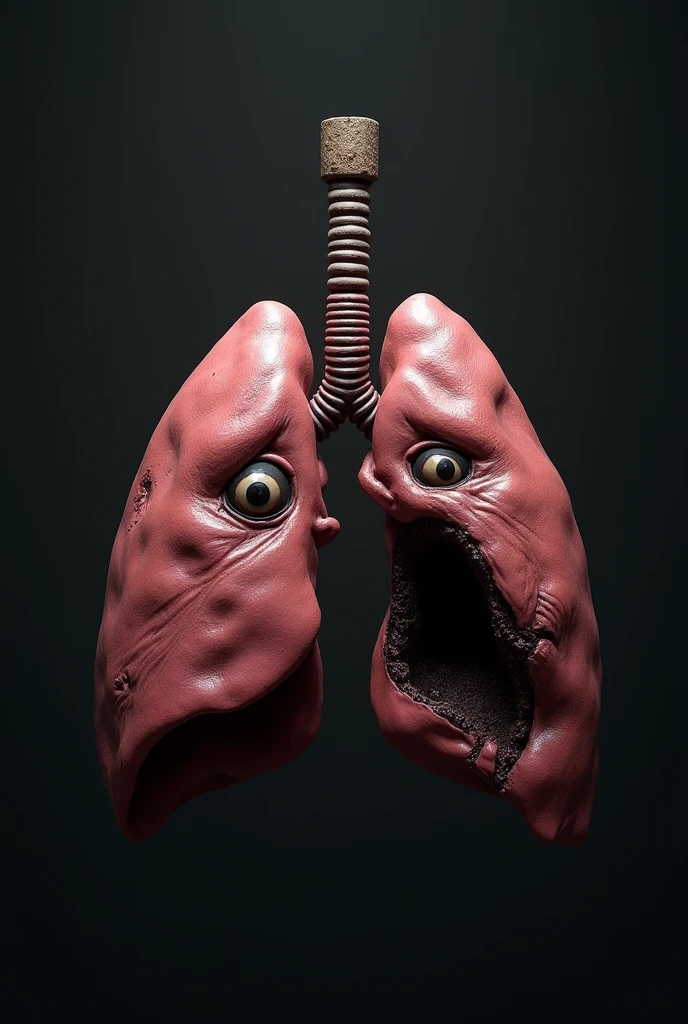 ""Create an image of a pair of blackened, damaged lungs with an anthropomorphic appearance. The lungs should have a sad, tired face to convey the exhaustion and damage caused by smoking or severe pollution. The lungs themselves should appear heavily scarred and deteriorated, with dark black areas highlighting their poor condition. The background should be plain and dark, emphasizing the contrast with the lungs and the severity of their state."