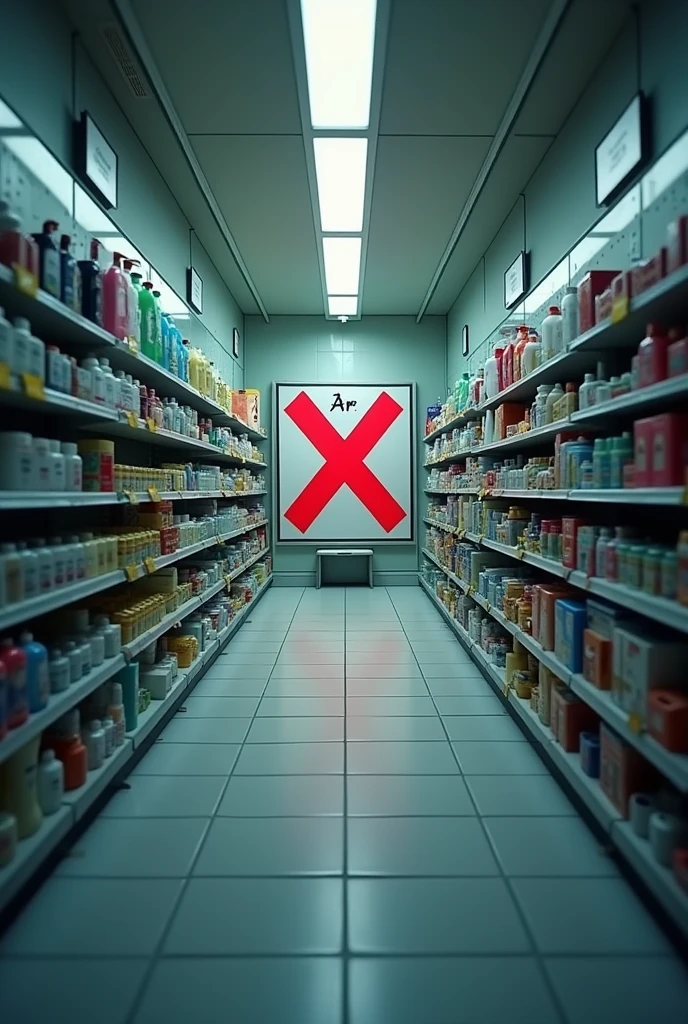 Create an image of a store inside where the aisle with body soaps is crossed out with an X