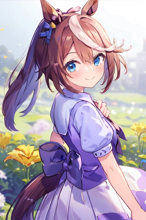1girl, smile, flowers, flower field, holding a flower, from behind, dress, floral print, sleeveless dress, looking at viewer,specialweek, tokaiteio, tail, horse girl, horse ears,
