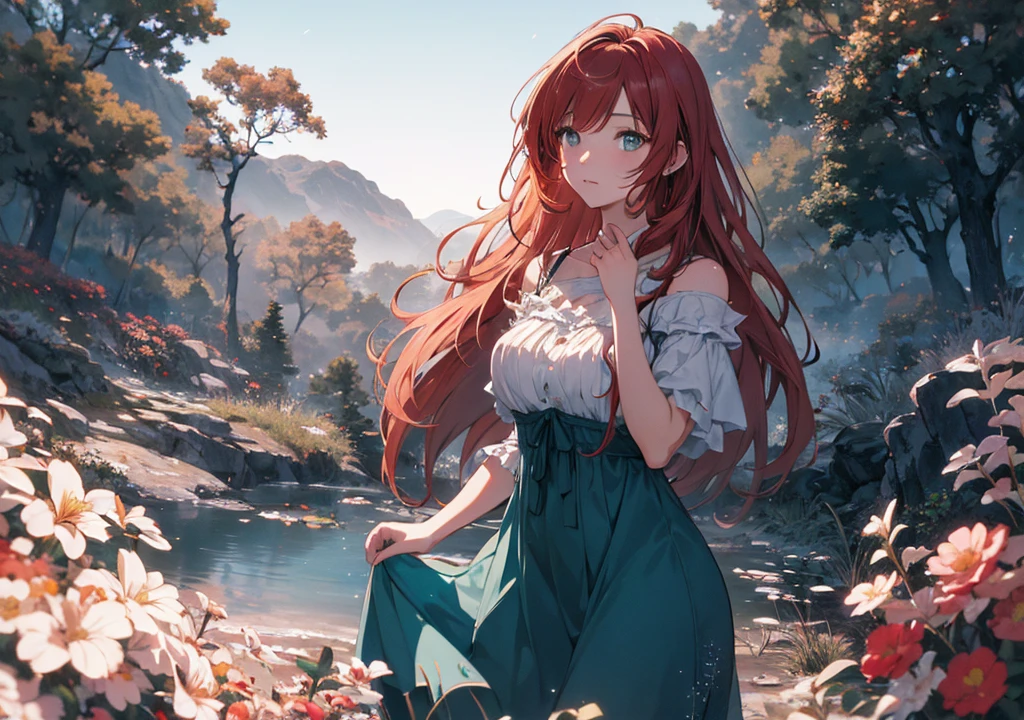 Realistic photos, Focus distance 10mm, Red and white, Beautiful girl, Realistic photos, Shooting at focus distance 10mm, masterpiece, 最high quality, high quality, Very detailed CG 8k wallpaper unit, Award-winning photography, Depth of written boundary, High resolution, bloom, chromatic aberration, Realistic, Very detailed, Art Station Trends, CGsociety Trends, Complex, High detail, dramatic, Art on the go, volumetric lighting, A beautiful Merida-esque girl meditates on a Scottish hilltop, wearing a teal dress and gazing out at the misty landscape