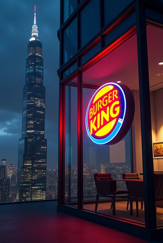 Office Building, Luminous Burger King logo hanging in the window, 8k, High Quality, Night, skyscraper penthouse